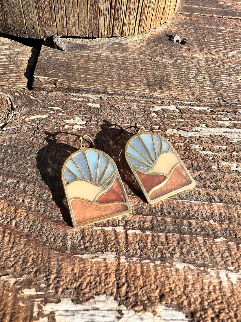 landscape earrings, stained glass resin earrings, brass dangle earrings, scenic jewelry, nature-inspired earrings, lightweight art earrings, resin landscape earrings, handmade artisan jewelry, mountain earrings, modern boho earrings, everyday statement earrings, brass resin earrings, outdoor-inspired jewelry, travel gift for her, handcrafted nature earrings, colorful dangle earrings, adventure jewelry, gift for hikers, scenic mountain earrings, Rogue & Rye accessories
