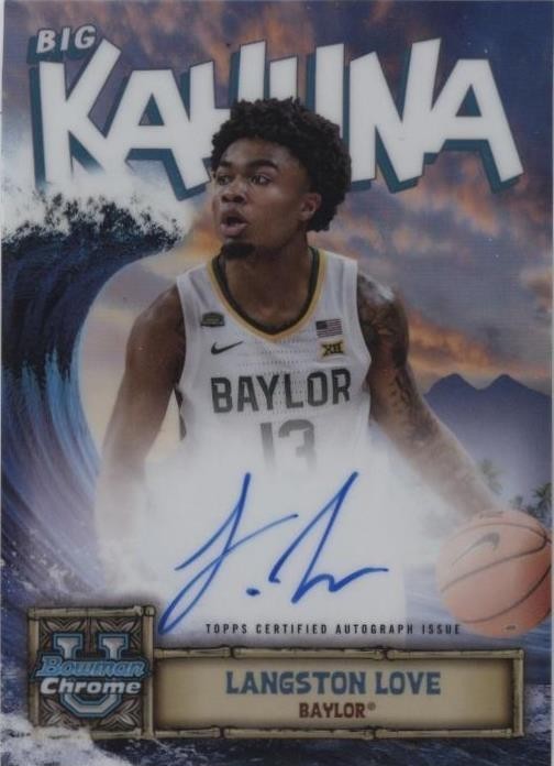 Full front view of Langston Love 2024-25 Bowman Chrome University Big Kahuna autograph