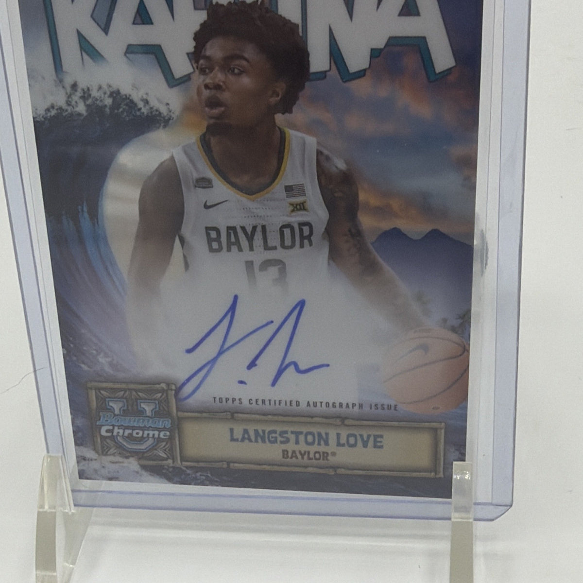 Detailed front view of Langston Love 2024-25 Bowman Chrome University Big Kahuna autograph
