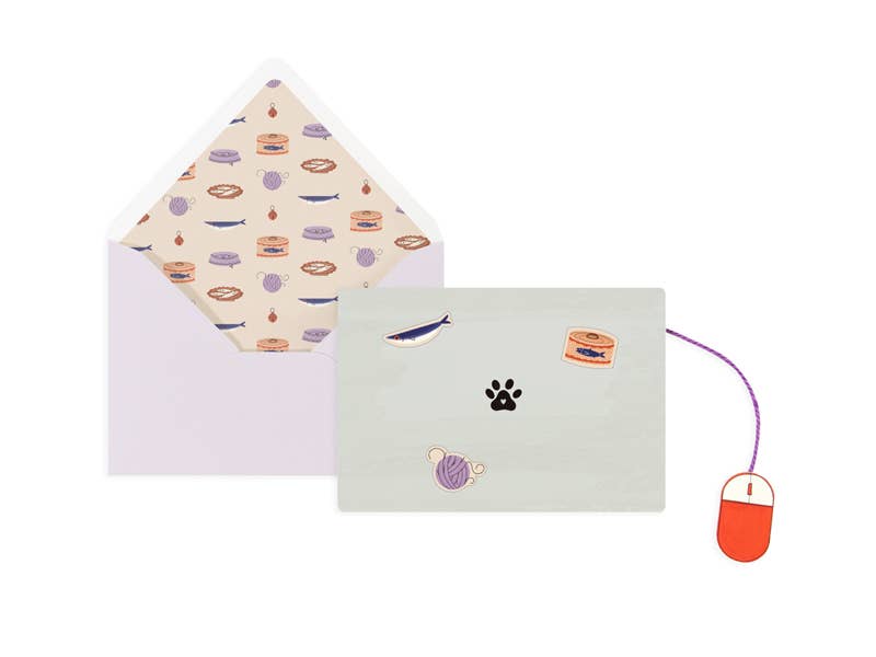 UWP Luxe, Dear Alchemy, laptop cat card, funny cat card, pop-up birthday card, interactive greeting card, yarn detail card, red foil stationery, small batch stationery, artisan greeting card, keepsake pop-up, Rogue and Rye stationery, Portland gift shop, collectible greeting cards, humorous pop-up card, cat lover gift