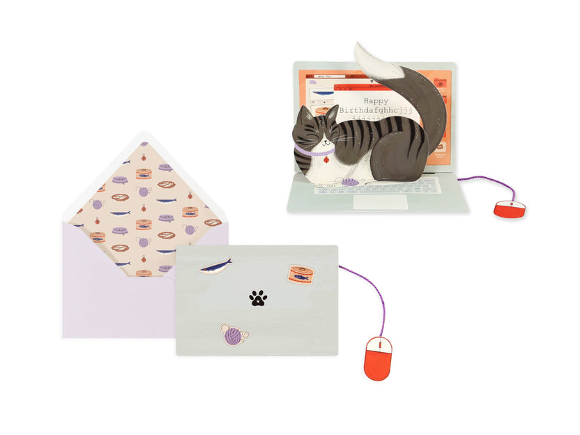 UWP Luxe, Dear Alchemy, laptop cat card, funny cat card, pop-up birthday card, interactive greeting card, yarn detail card, red foil stationery, small batch stationery, artisan greeting card, keepsake pop-up, Rogue and Rye stationery, Portland gift shop, collectible greeting cards, humorous pop-up card, cat lover gift