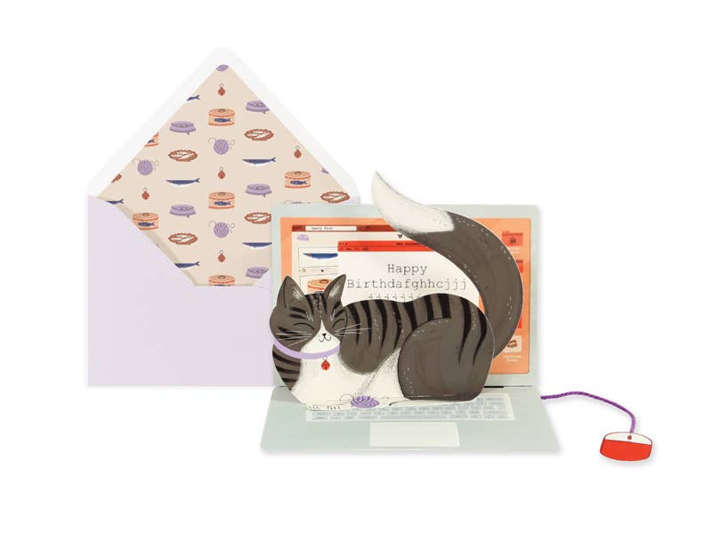 UWP Luxe, Dear Alchemy, laptop cat card, funny cat card, pop-up birthday card, interactive greeting card, yarn detail card, red foil stationery, small batch stationery, artisan greeting card, keepsake pop-up, Rogue and Rye stationery, Portland gift shop, collectible greeting cards, humorous pop-up card, cat lover gift