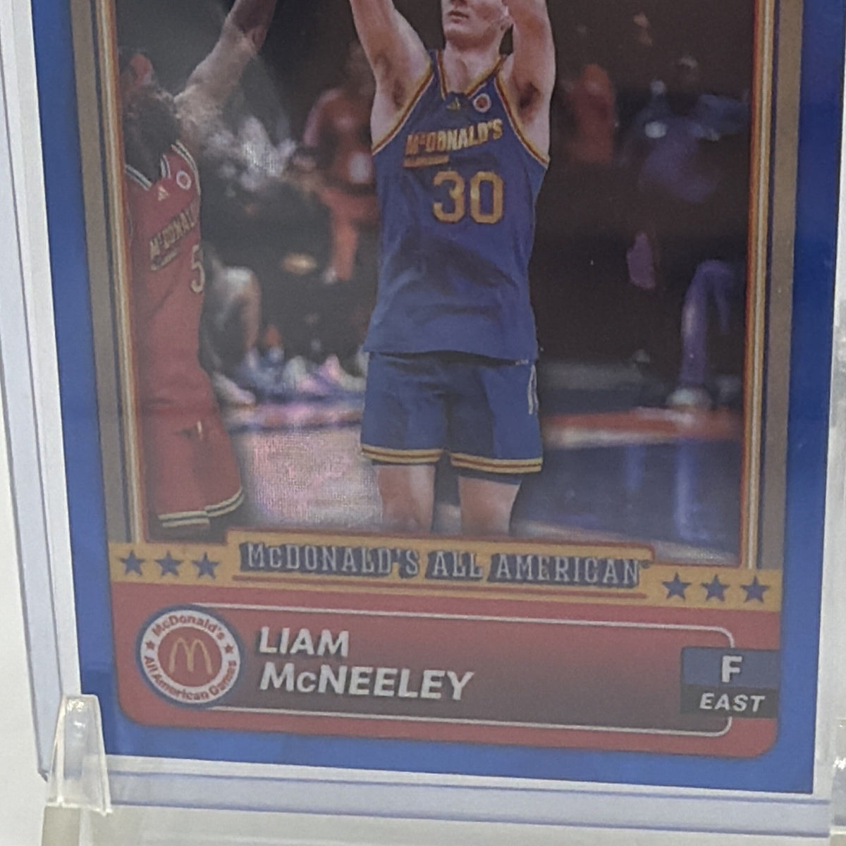 Angled front view of Liam McNeeley 2024 Topps Chrome McDonald’s Logo Refractor #30