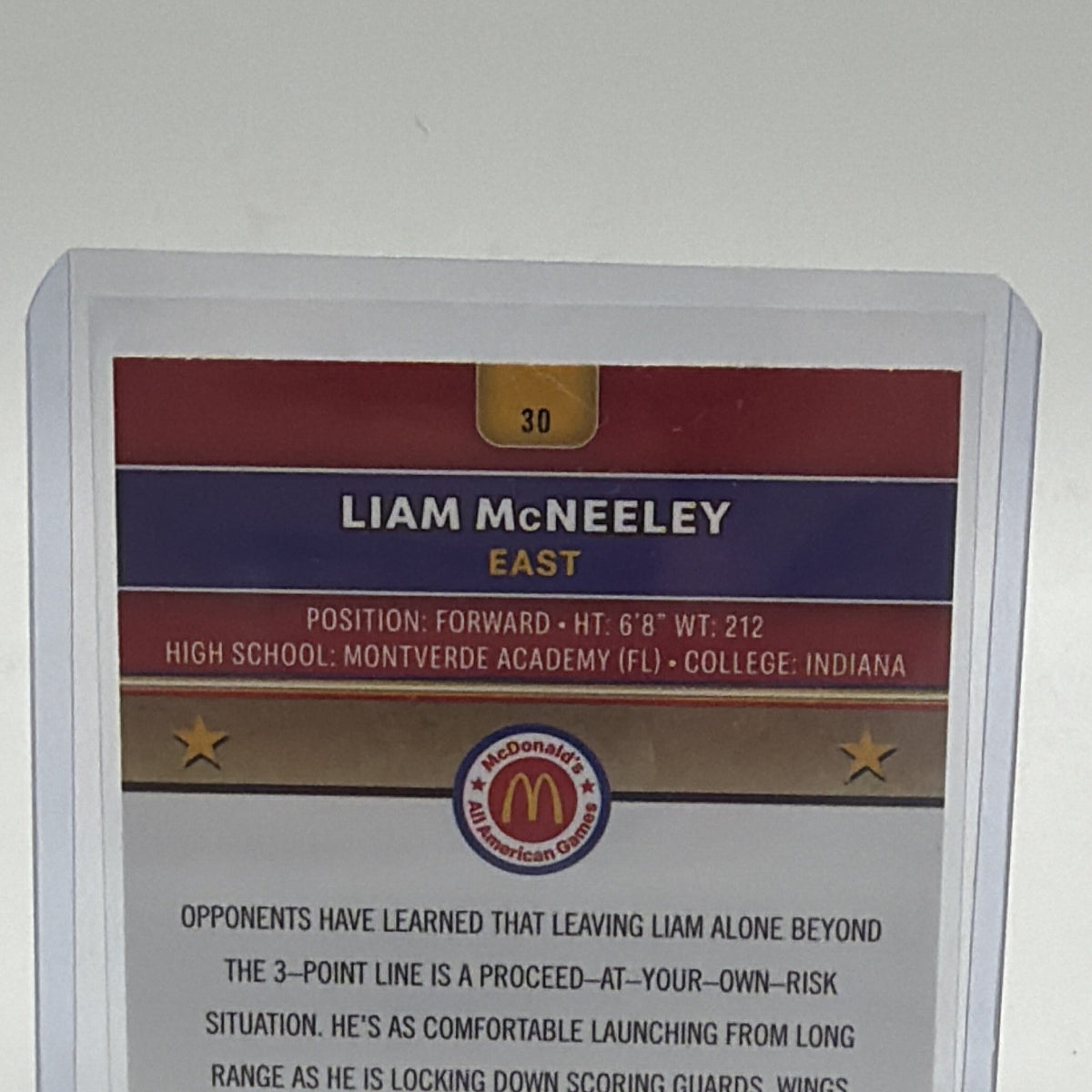 Close-up of Liam McNeeley #30 card back showing serial number 26/75