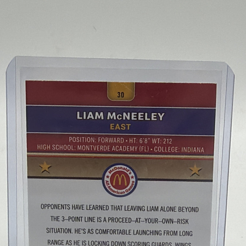 Close-up of Liam McNeeley #30 card back showing serial number 26/75