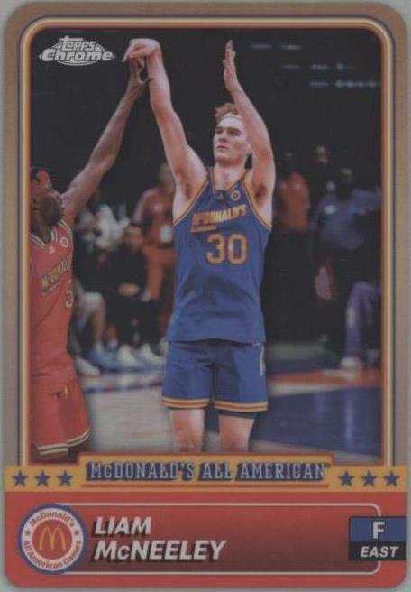 Full front view of Liam McNeeley #30 McDonald’s Logo Refractor from 2024 Topps Chrome