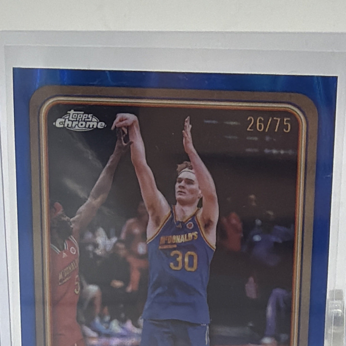 Close-up of Liam McNeeley #30 McDonald’s Logo Refractor showing the Chrome parallel pattern