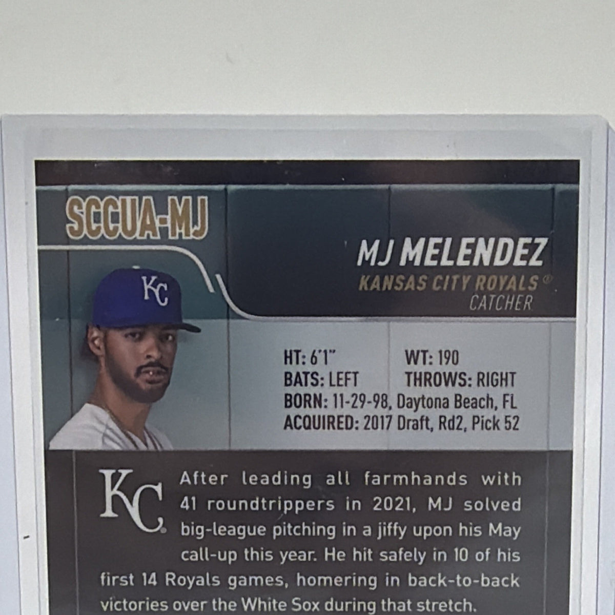 Back of 2022 Stadium Club Chrome MJ Melendez rookie autograph #SCCUA-MJ