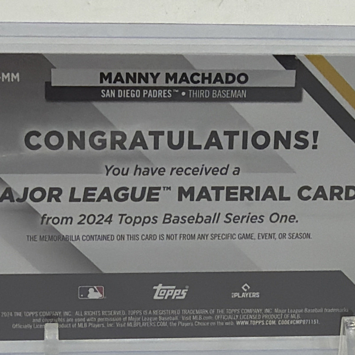 Detail of the back of Manny Machado #MLM-MM identifying the Major League Material card