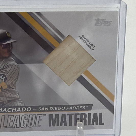 Close-up of Manny Machado Major League Material card showing the bat memorabilia