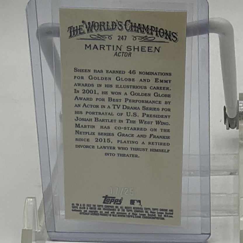 Back of 2022 Topps Allen & Ginter Martin Sheen #247 Brooklyn Back mini numbered 17/25