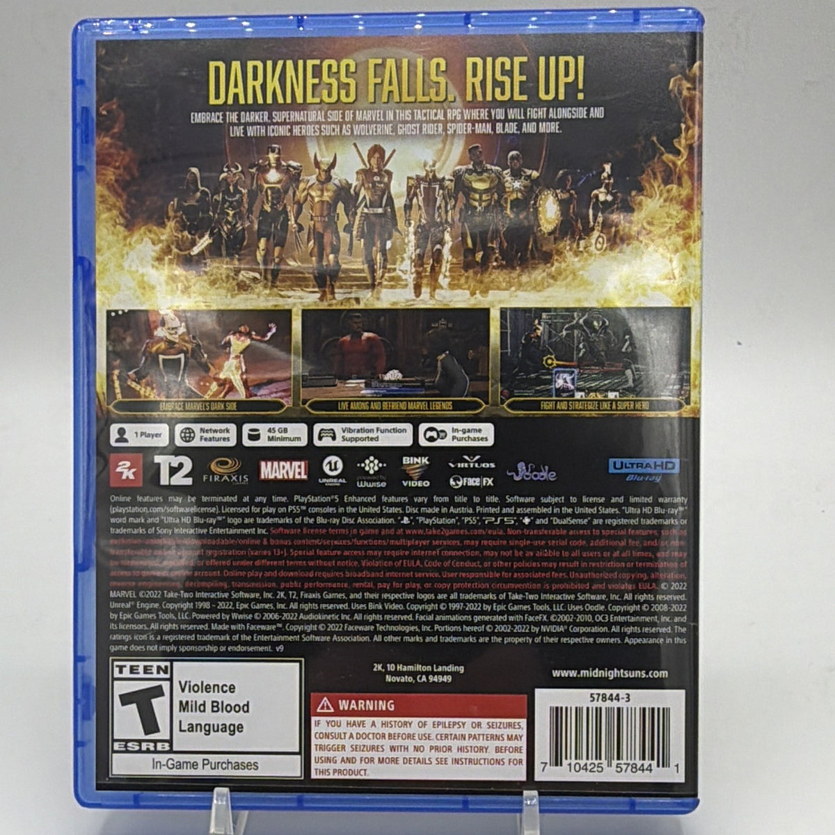 Back of Marvel's Midnight Suns Enhanced Edition PlayStation 5 game case