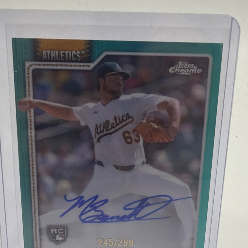 Angled front view of Mason Barnett Topps Chrome Teal Refractor rookie autograph numbered 245/299
