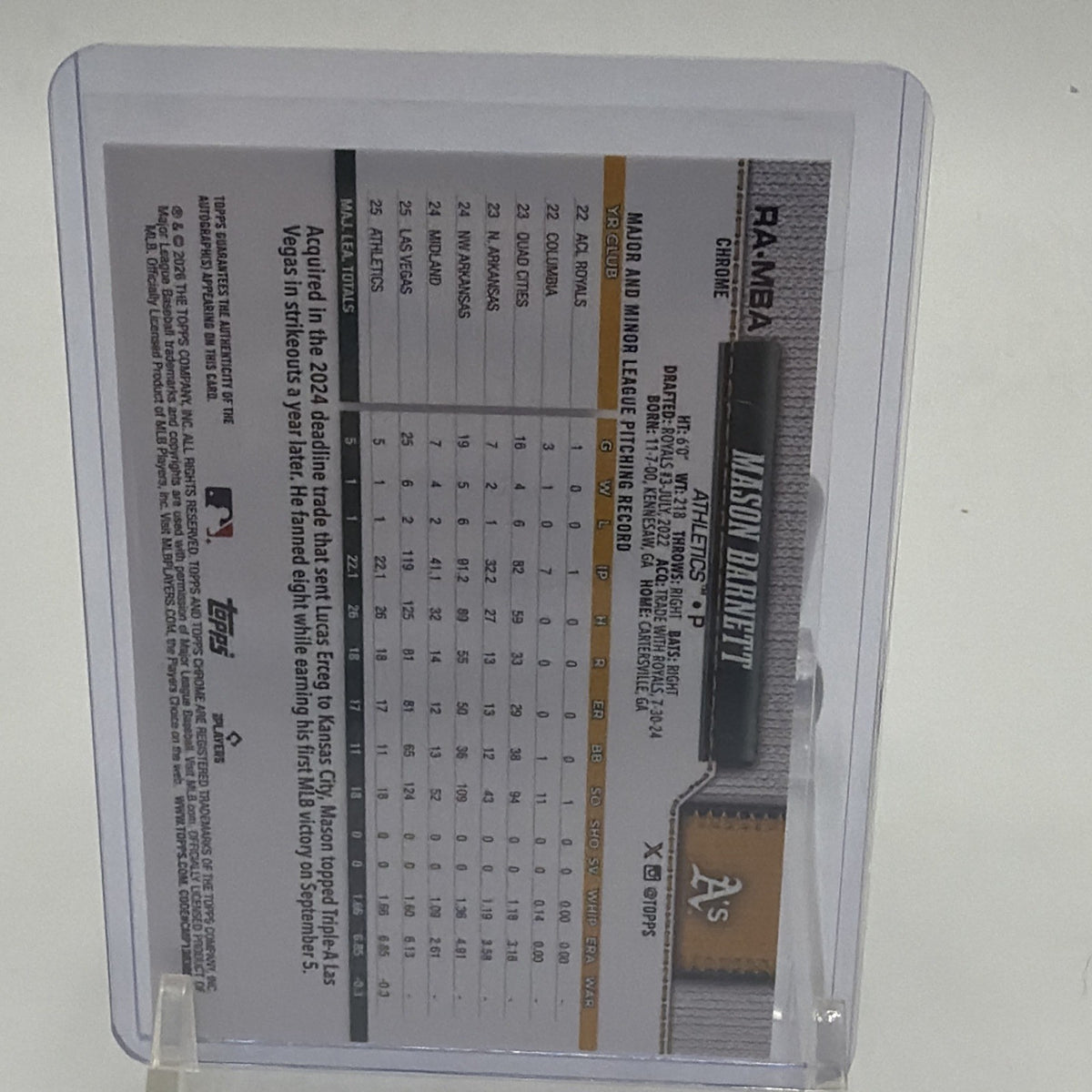Detail of the back of Mason Barnett 2026 Topps Chrome rookie autograph card numbered 245/299