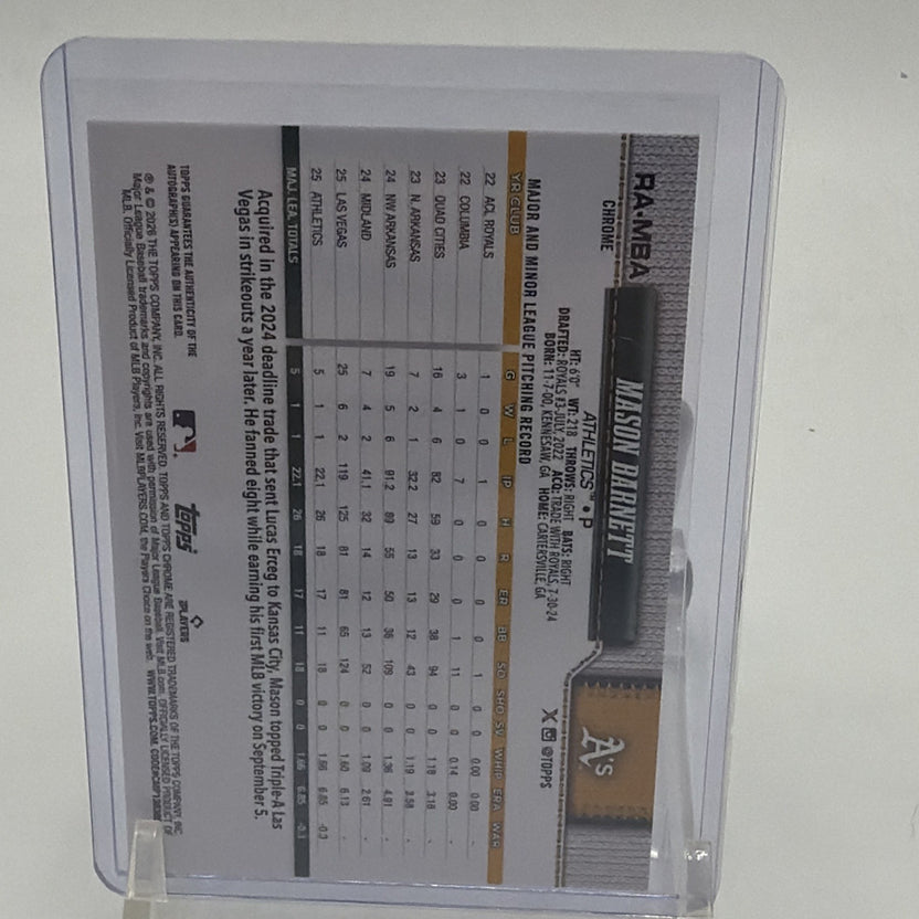 Detail of the back of Mason Barnett 2026 Topps Chrome rookie autograph card numbered 245/299