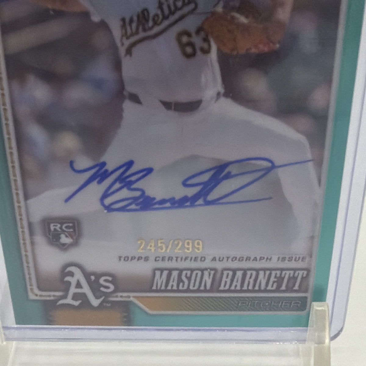 Close-up of Mason Barnett 2026 Topps Chrome Teal Refractor rookie autograph numbered 245/299