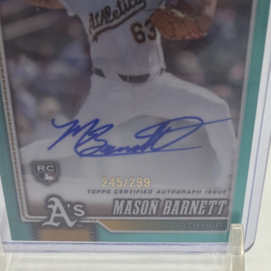 Close-up of Mason Barnett 2026 Topps Chrome Teal Refractor rookie autograph numbered 245/299