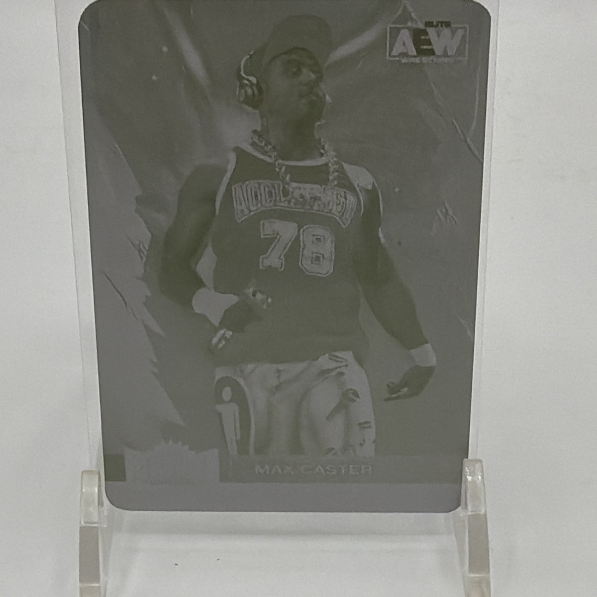 Close-up of Max Caster 2022 SkyBox Metal Universe AEW Yellow Printing Plate 1/1