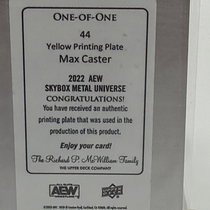 Close-up of the reverse certification on Max Caster Yellow Printing Plate 1/1