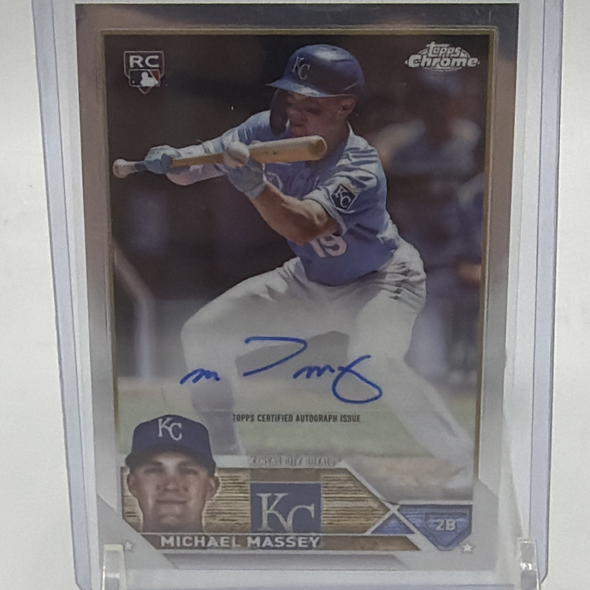 Front detail of Michael Massey Topps Chrome Update rookie autograph card showing the RC logo