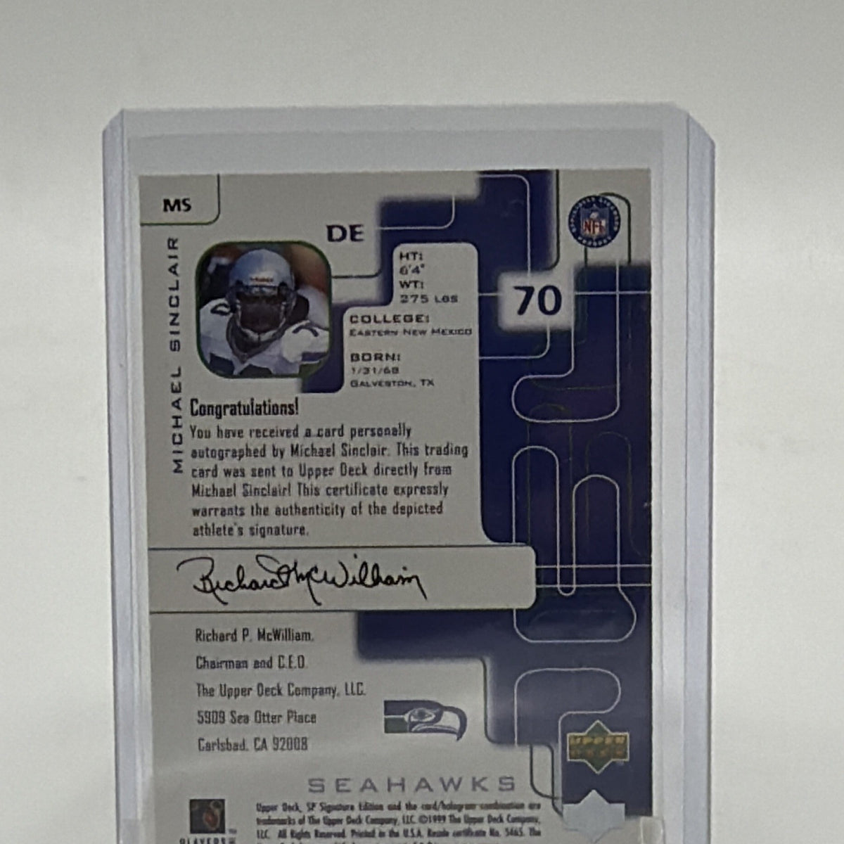 Detail of the back of Michael Sinclair 1999 SP Signature Edition #MS