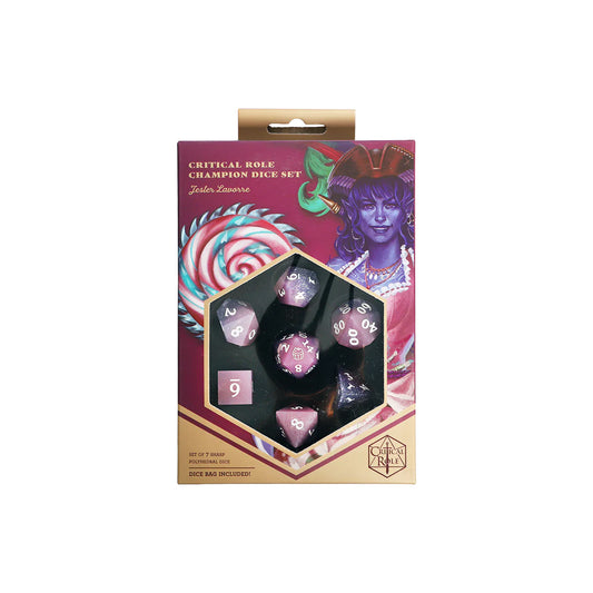 Dice set packaging with Jester Lavorre character illustration on a white background