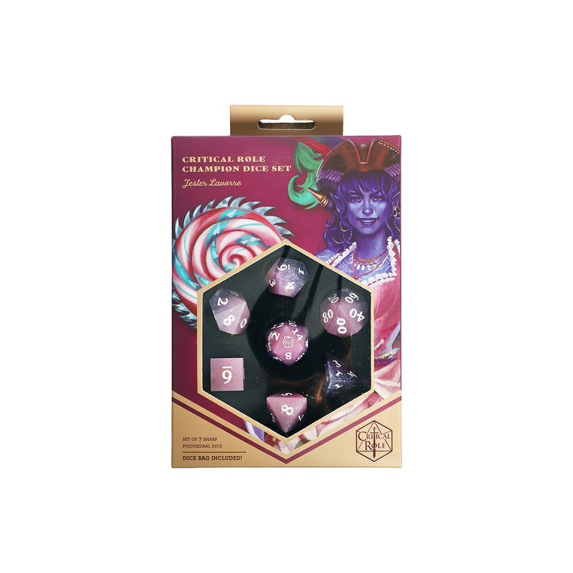 Dice set packaging with Jester Lavorre character illustration on a white background