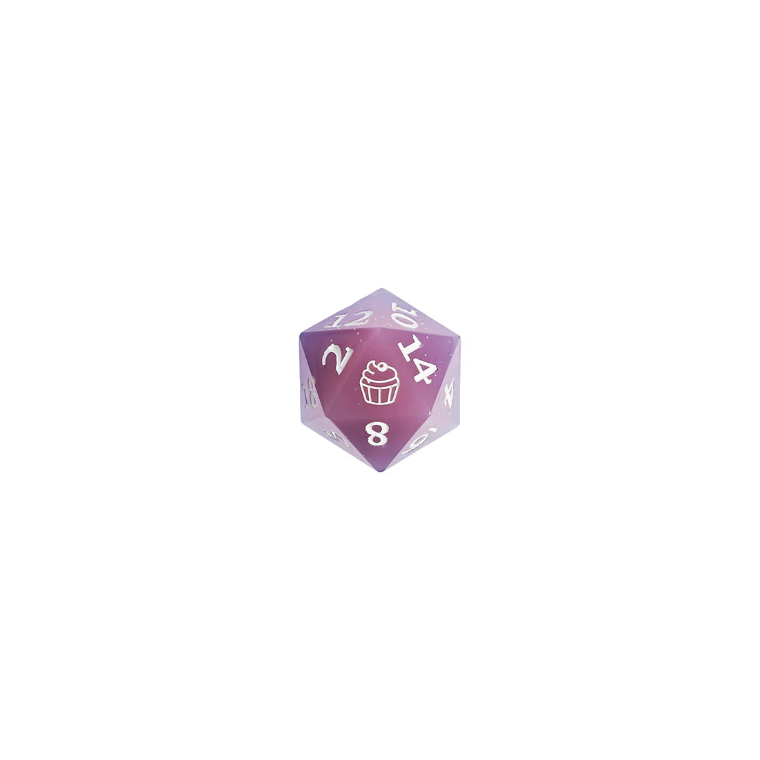 twenty sided die with the Jester Lavorre icon of a cupcake pastry on the 20 side of the d20
