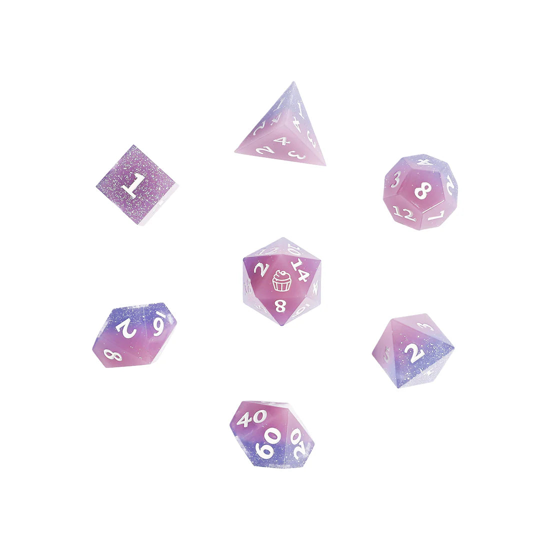 Set of Jester Lavorre Champion purple and pink polyhedral dice on a white background