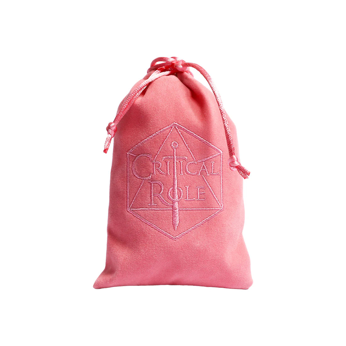 Pink drawstring bag with 'Critical Role' logo on a white background