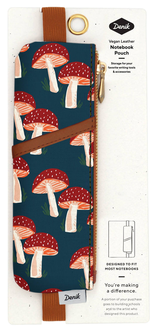 mushroom notebook pouch, vegan leather journal pouch, embroidered pencil pouch, Denik mushroom design, navy pen holder, faux suede notebook strap, sketchbook pen pouch, artist-driven notebook accessory, school-funding stationery
