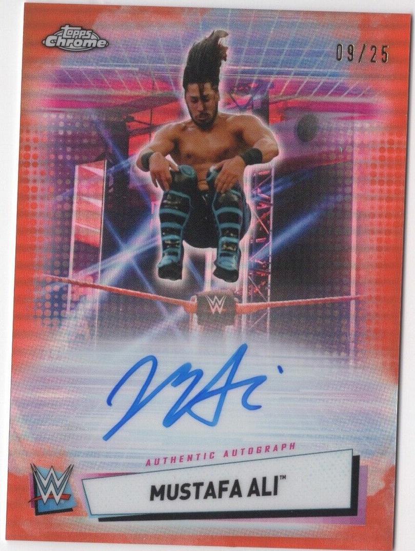 Angled front view of Mustafa Ali Topps Chrome WWE Orange Refractor autograph numbered 18/25