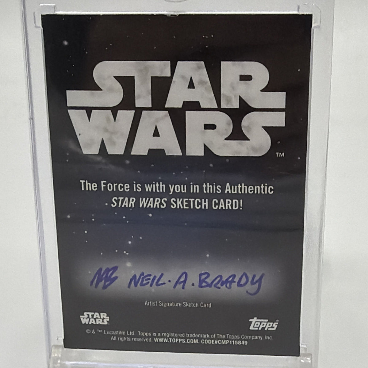 Back detail of Star Wars sketch card showing Neil A. Brady artist signature