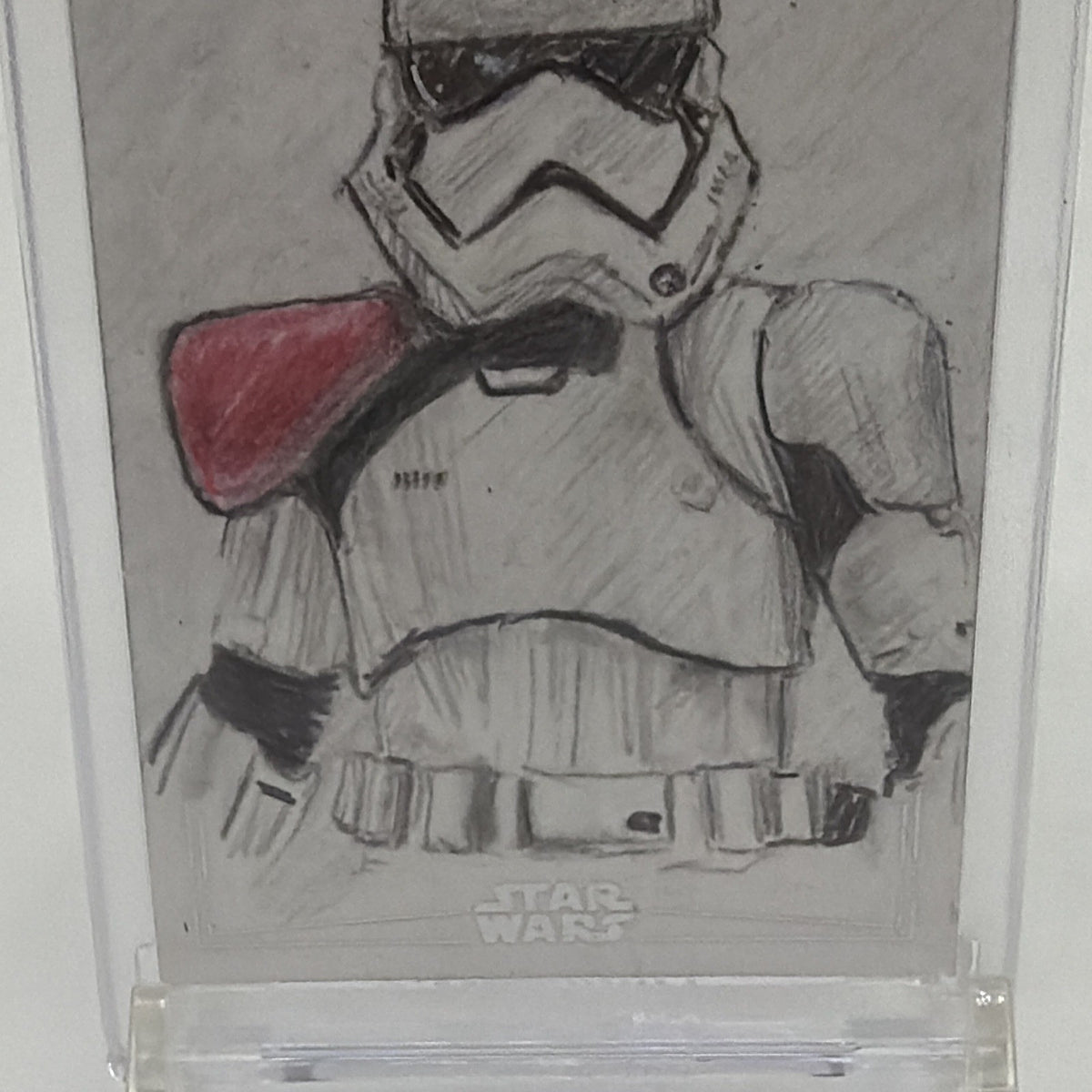 Close-up of hand-drawn Stormtrooper Captain artwork on Neil A. Brady Topps Star Wars sketch card