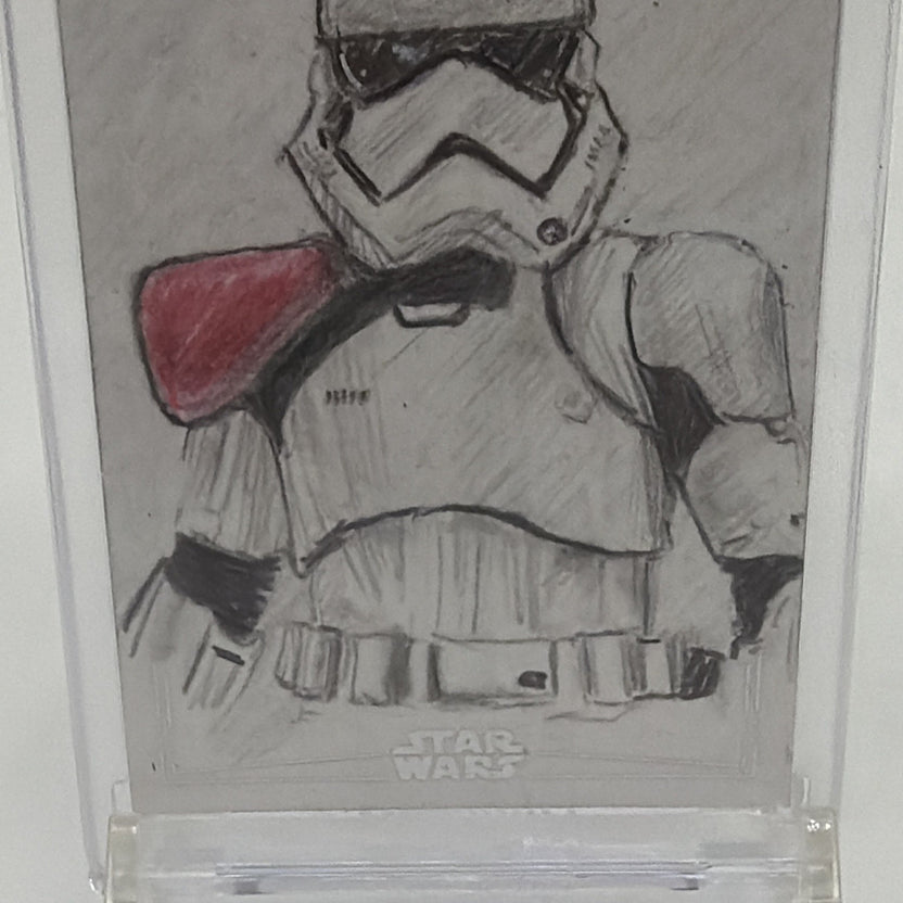 Close-up of hand-drawn Stormtrooper Captain artwork on Neil A. Brady Topps Star Wars sketch card