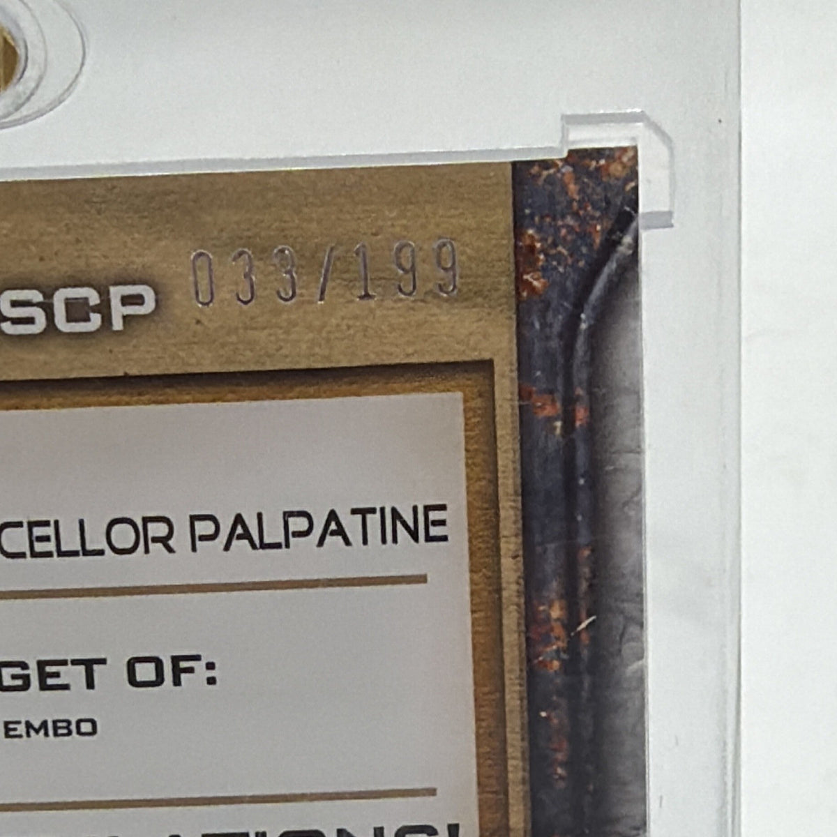 Detail of Supreme Chancellor Palpatine #PB-SCP showing the serial number 033/199