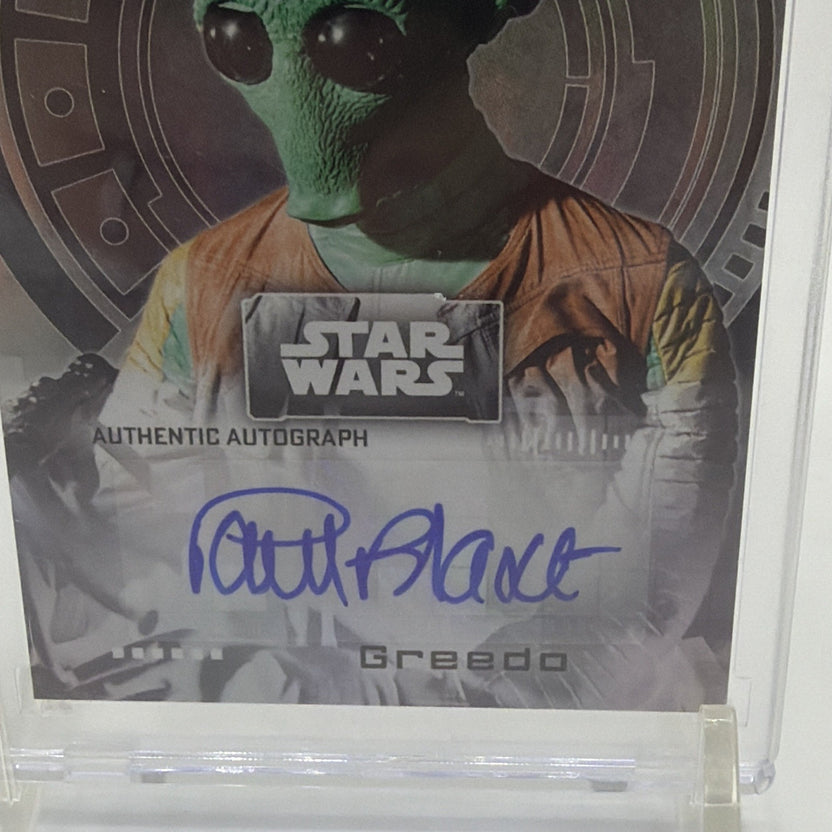 Front detail of Paul Blake as Greedo Star Wars autograph card showing the blue-ink signature