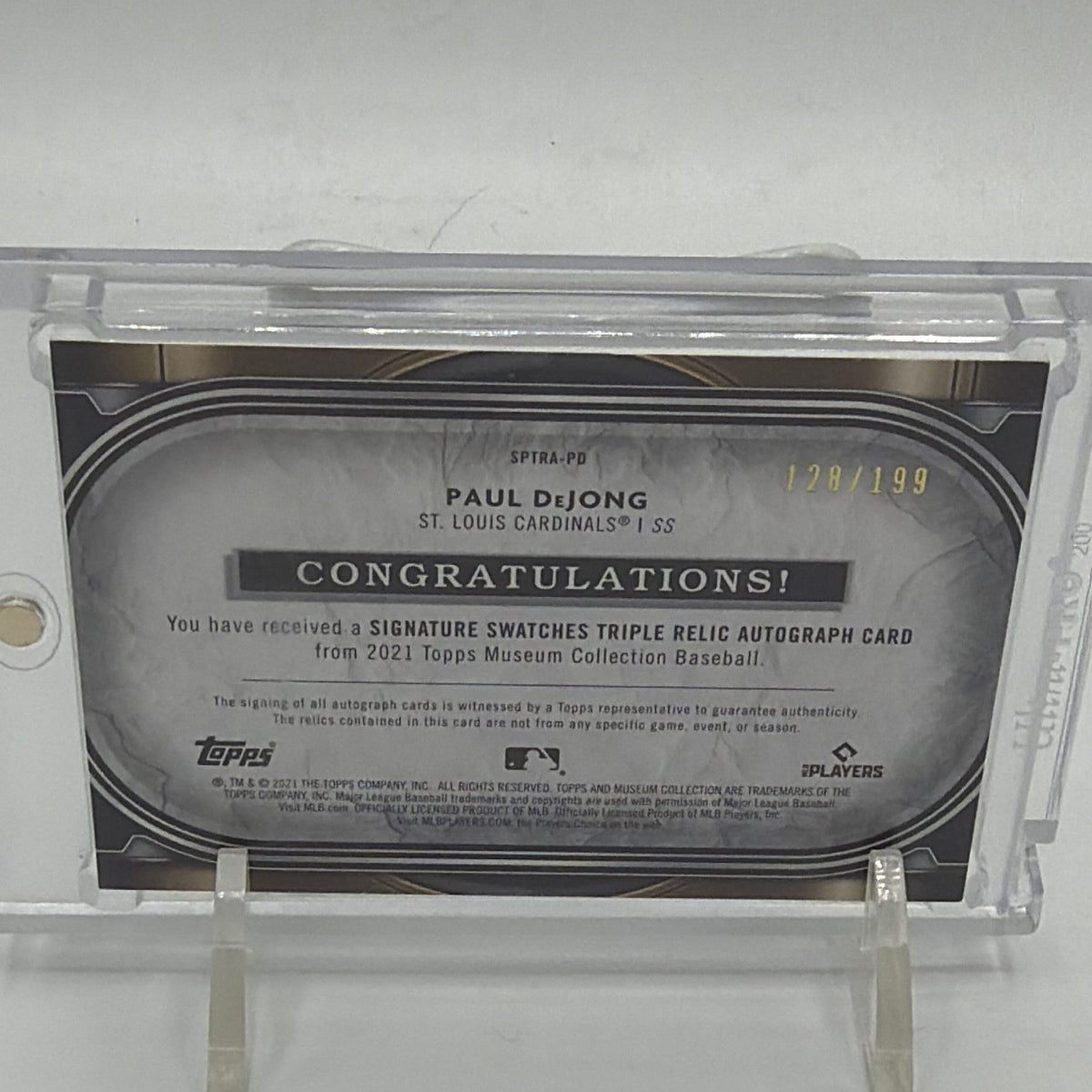 Back detail of Paul DeJong Museum Collection card with autograph and memorabilia authentication