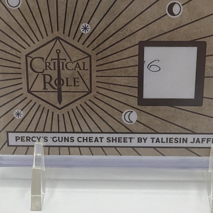 Front detail of Critical Role RC4 containing an authentic piece of Percy’s guns cheat sheet