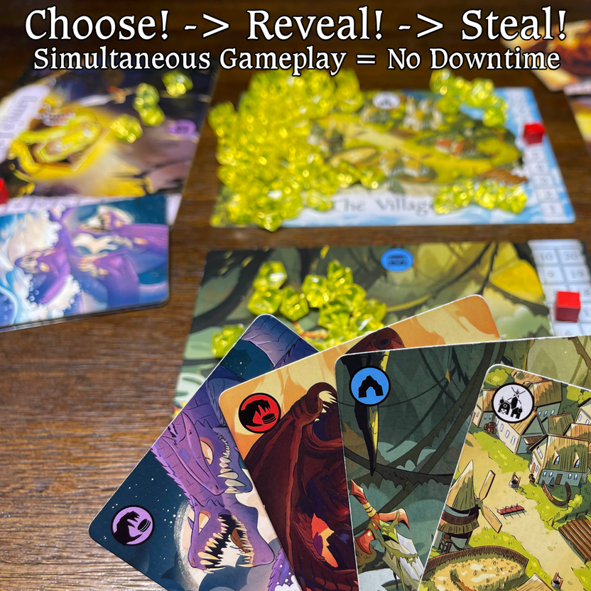 Pillage the Village game, Pillage the Village board game, Stone Age Entertainment game, fantasy board game, dragon board game, dragons and treasure game, fast paced fantasy game, bluffing board game, simultaneous action board game, mythology inspired card game, light strategy board game, family board game ages 10 and up, 2 to 6 player board game, 20 to 30 minute board game, quick tabletop game night, board game for D&D fans, giftable fantasy board game, indie tabletop game, unique board game gift, casual ga