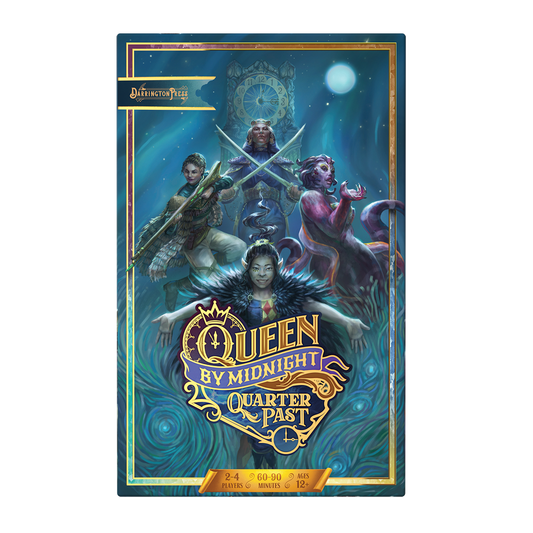 Queen by Midnight expansion, Quarter Past standalone game, Darrington Press board game, Critical Role game, deck-building battle game, fantasy princess combat, board game for 2-4 players strategy game for teens and adults,  immersive card battle game, Queen by Midnight new characters, tabletop games for teens, rule by midnight, Bazaar deck, Princesses of Twelvefold, Queen by Midnight errata included, standalone or expansion set