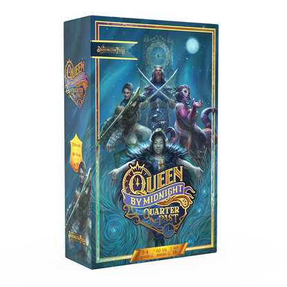 Queen by Midnight expansion, Quarter Past standalone game, Darrington Press board game, Critical Role game, deck-building battle game, fantasy princess combat, board game for 2-4 players strategy game for teens and adults,  immersive card battle game, Queen by Midnight new characters, tabletop games for teens, rule by midnight, Bazaar deck, Princesses of Twelvefold, Queen by Midnight errata included, standalone or expansion set