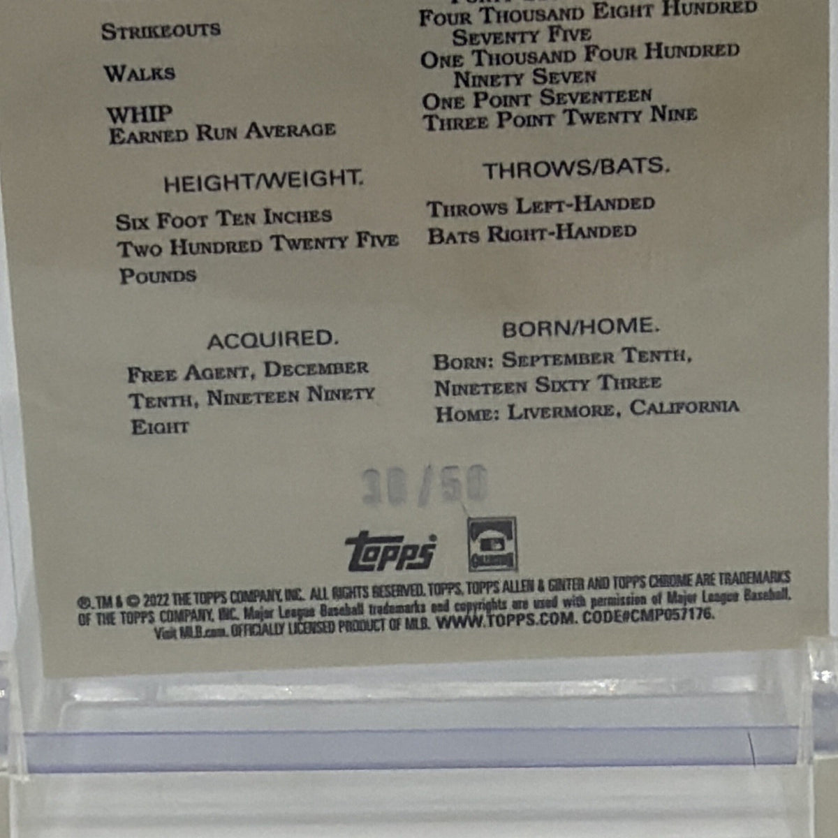Detail of the serial numbering on Randy Johnson Gold Refractor #78