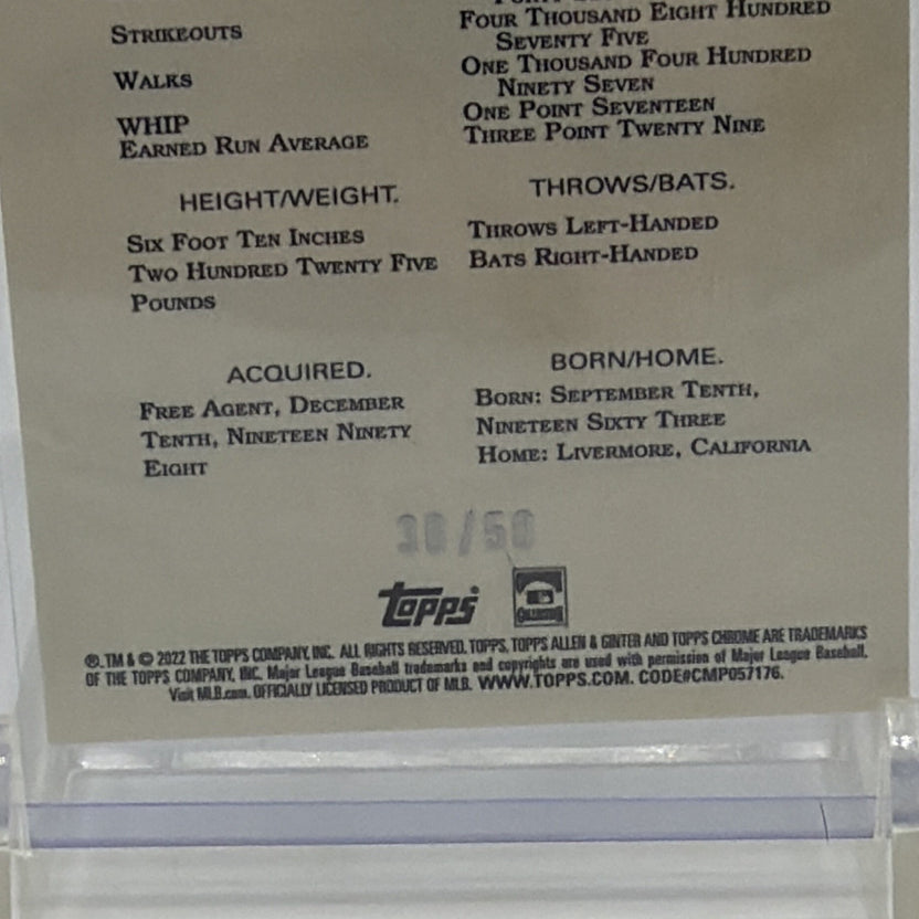 Detail of the serial numbering on Randy Johnson Gold Refractor #78