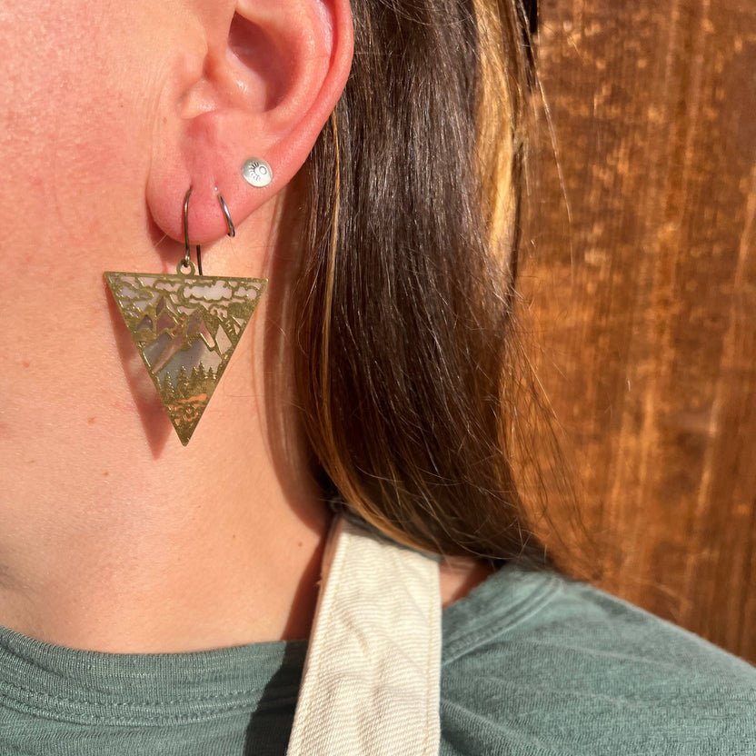 Ridgeline earrings, stained glass resin earrings, mountain earrings, landscape earrings, brass dangle earrings, nature-inspired jewelry, scenic resin earrings, handcrafted earrings, artisan mountain earrings, lightweight statement jewelry, outdoorsy earrings, Rogue & Rye earrings, hiking gift idea, wilderness inspired earrings, colorful scenic jewelry, everyday art jewelry, handmade mountain landscape earrings, adventure style accessories, modern nature earrings, gift for outdoor lovers, boho