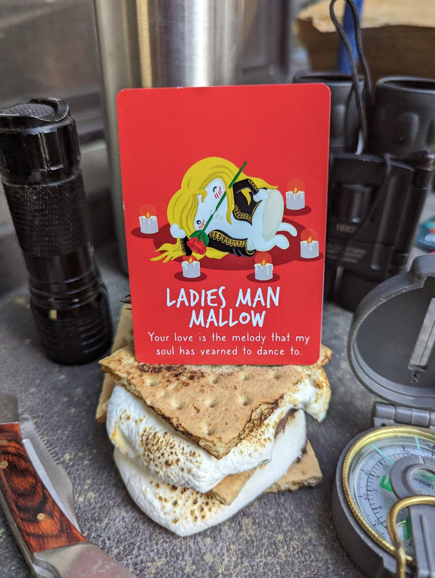 S'mores with a 'Ladies Man Mallow' card on top, surrounded by camping gear.