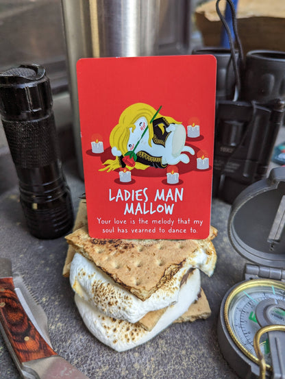 S'mores with a 'Ladies Man Mallow' card on top, surrounded by camping gear.