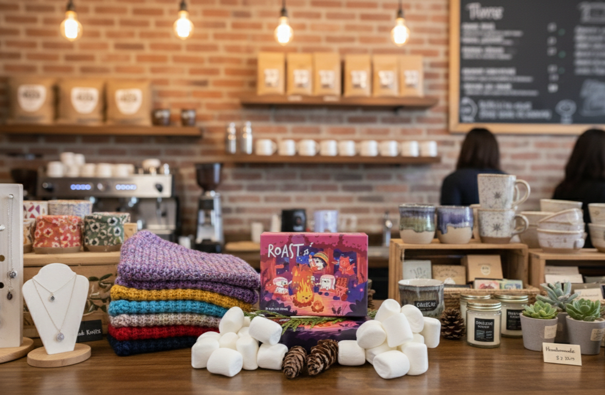 Coffee shop interior with roasted coffee beans, marshmallows, and a colorful box on a counter.