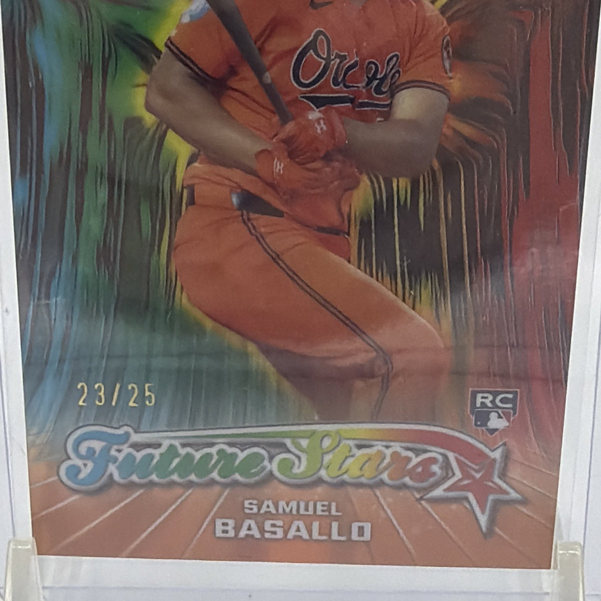 Detail of Samuel Basallo Future Stars Orange Refractor showing the 23/25 serial number