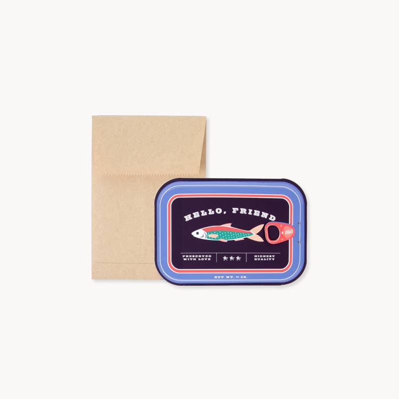 sardines pop-up card, friendship card, 3D greeting card, funny everyday card, paper-engineered stationery, silver foil card, artisan greeting card, keepsake pop-up, unique friendship gift, Rogue and Rye stationery, Portland gift shop, letterpress-style card, collectible cards, handmade pop-up card, whimsical stationery